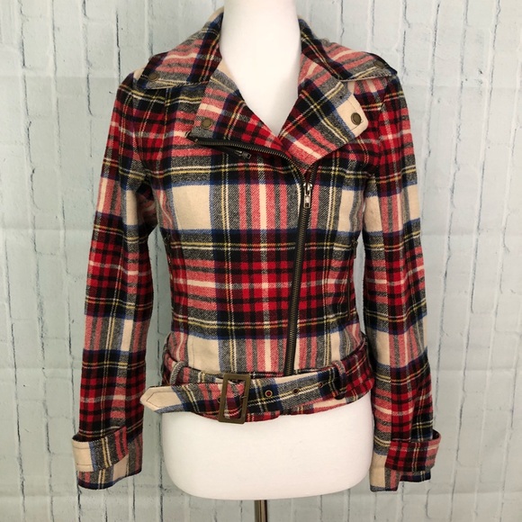Heritage 1981 Jackets & Blazers - Heritage 1981 Wool Plaid Moto Jacket Belted Zip Up